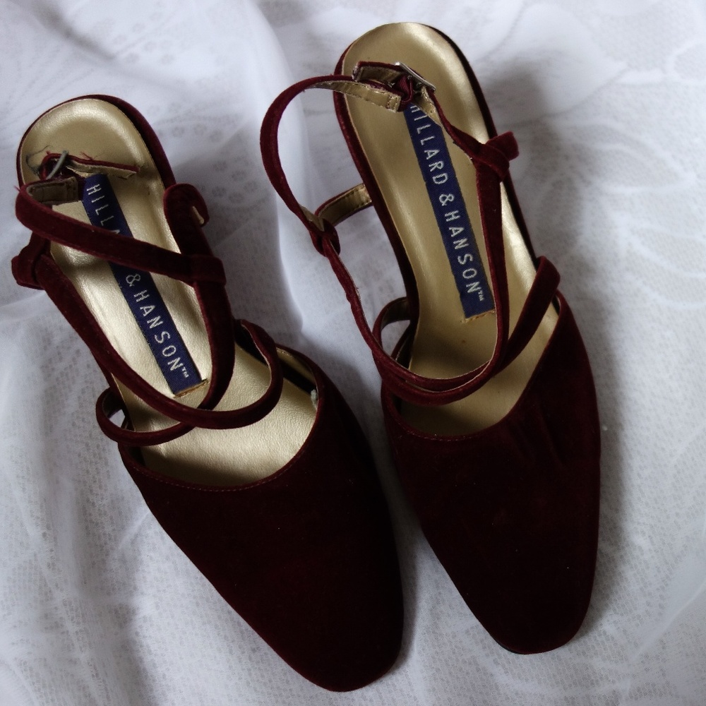 Red velvet strappy heels